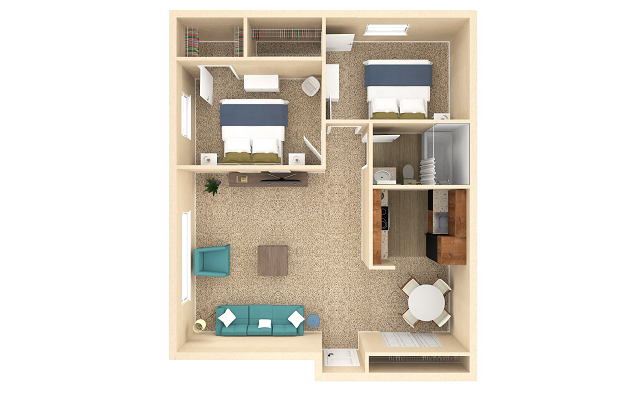 Floor plan for 2 beds, 1 bath, 932 sqft